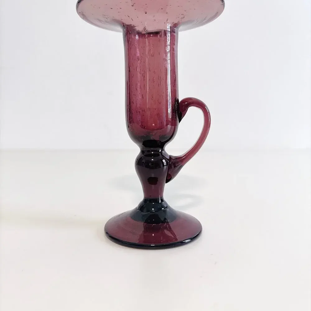 VTG LA VERRERIE DE BIOT FRENCH AMETHYST BUBBLE BLOWN GLASS PAIR CANDLE HOLDERS